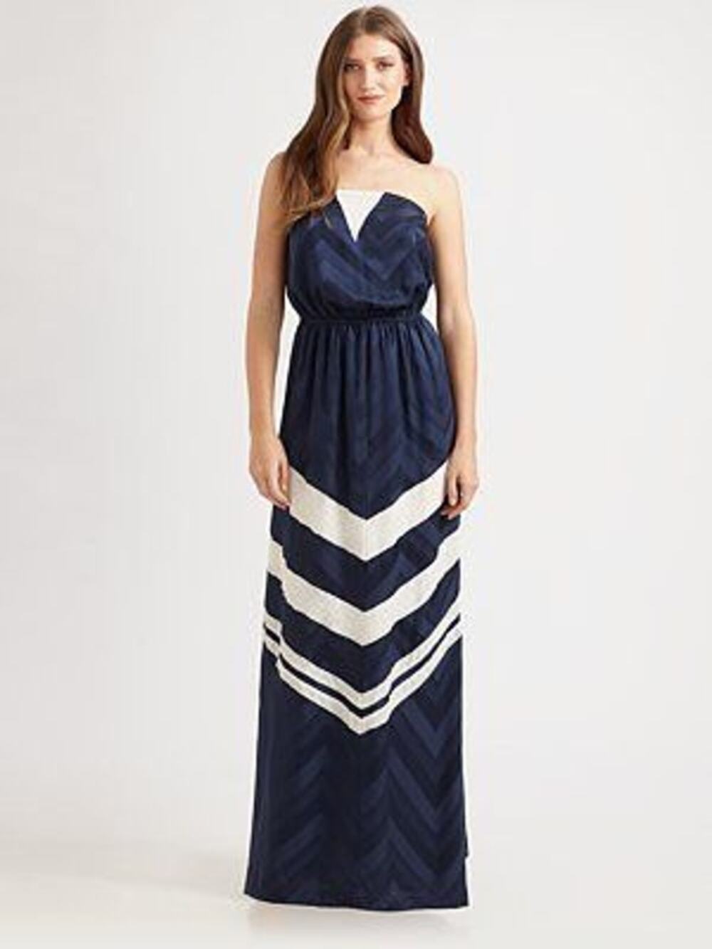 ADDISON Navy Striped Strapless Silk Maxi Dress Size M